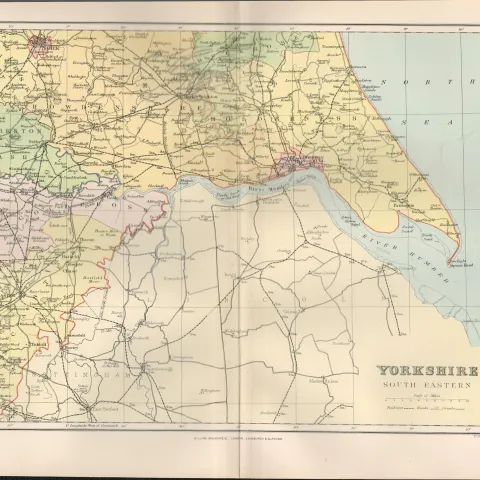 Yorkshire South East Hull Goole Victorian 1894 Coloured Antique Map.