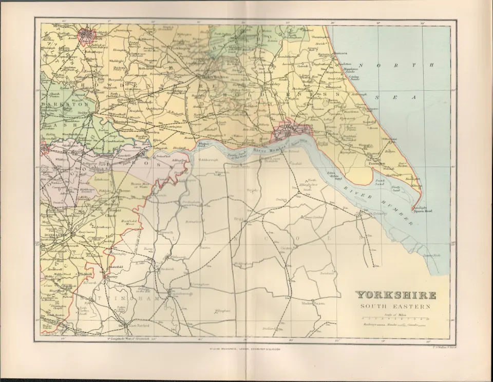 Yorkshire South East Hull Goole Victorian 1894 Coloured Antique Map.