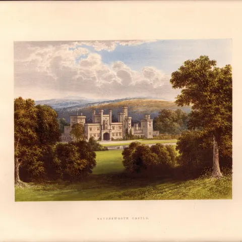 Ravensworth Castle Nr Ayton Bank Durham Gilt-Edge Coloured Antique Book Plate.