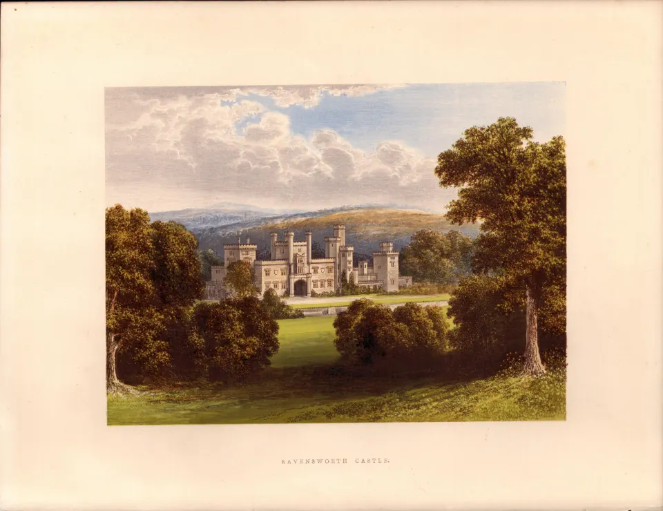 Ravensworth Castle Nr Ayton Bank Durham Gilt-Edge Coloured Antique Book Plate.