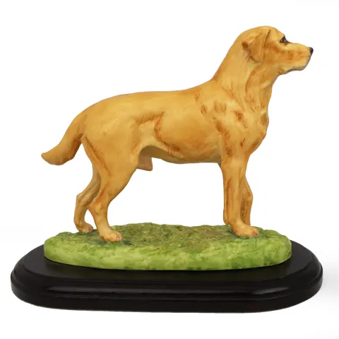 Porcelain Golden Retriever Dog Figure on Wooden Plinth