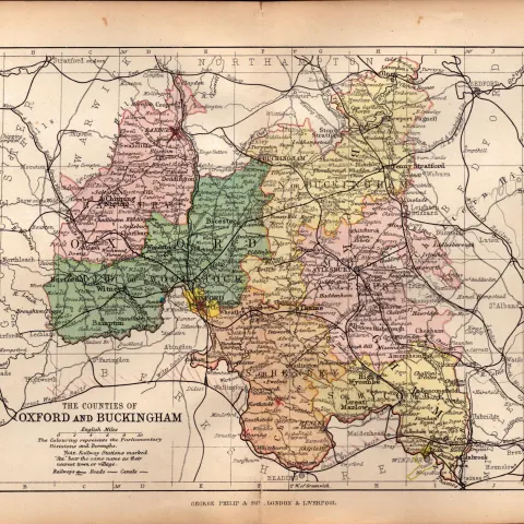 County of Oxfordshire 1895 Antique Victorian Coloured Map.