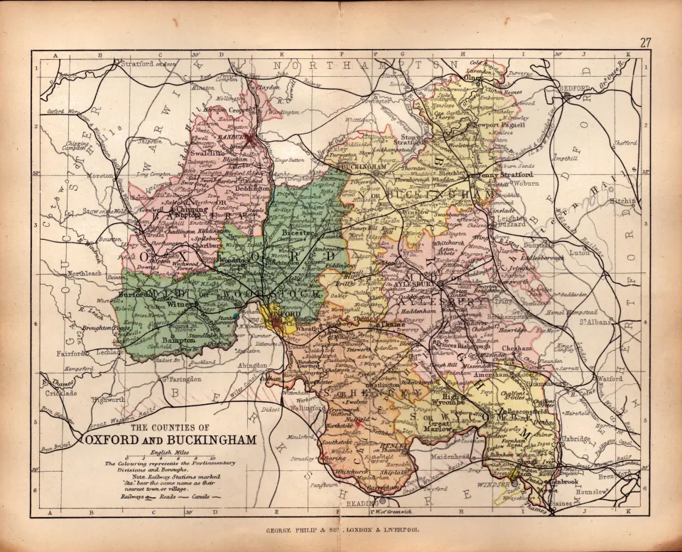 County of Oxfordshire 1895 Antique Victorian Coloured Map.