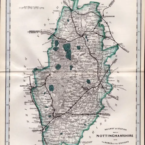 Nottinghamshire Cruchley Scarce Antique Railways & Stations Coloured Map.