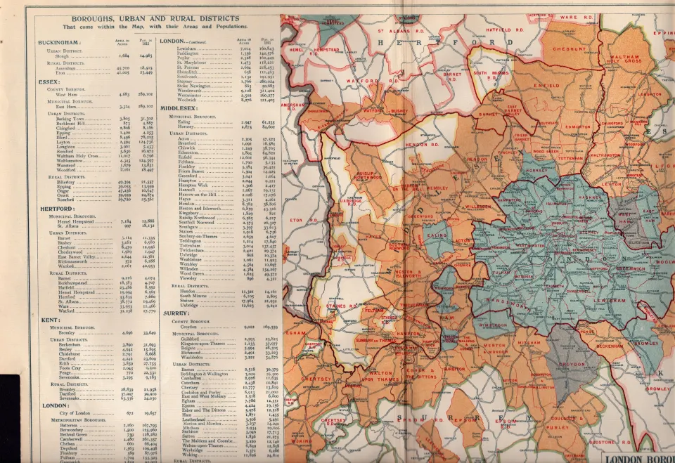 Bacons Vintage 98 Years-Old London Suburbs Urban & Rural Districts Detailed Map.