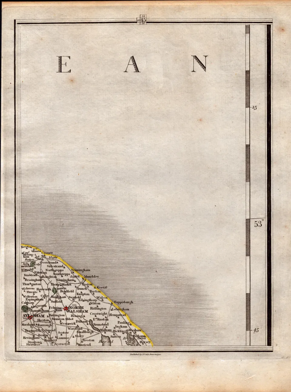 Norfolk Coast North Walsham John Cary's Antique George III 230 Years-Old 1749 Map.
