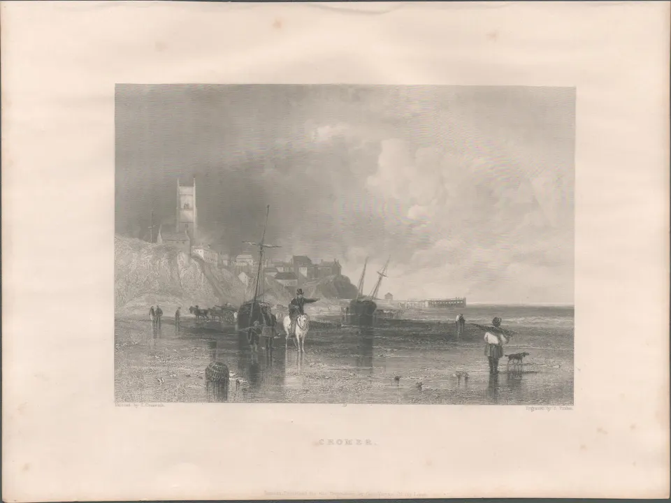 Cromer Norfolk Beach  Antique WH Bartlett 1842 Steel Engraving.