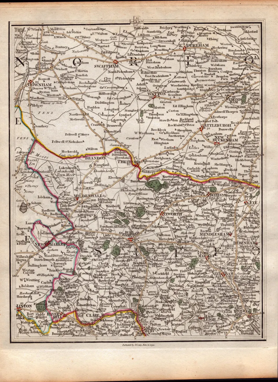 East Anglia Norfolk Suffolk John Cary's Antique George III 230 Years-Old 1794 Map.