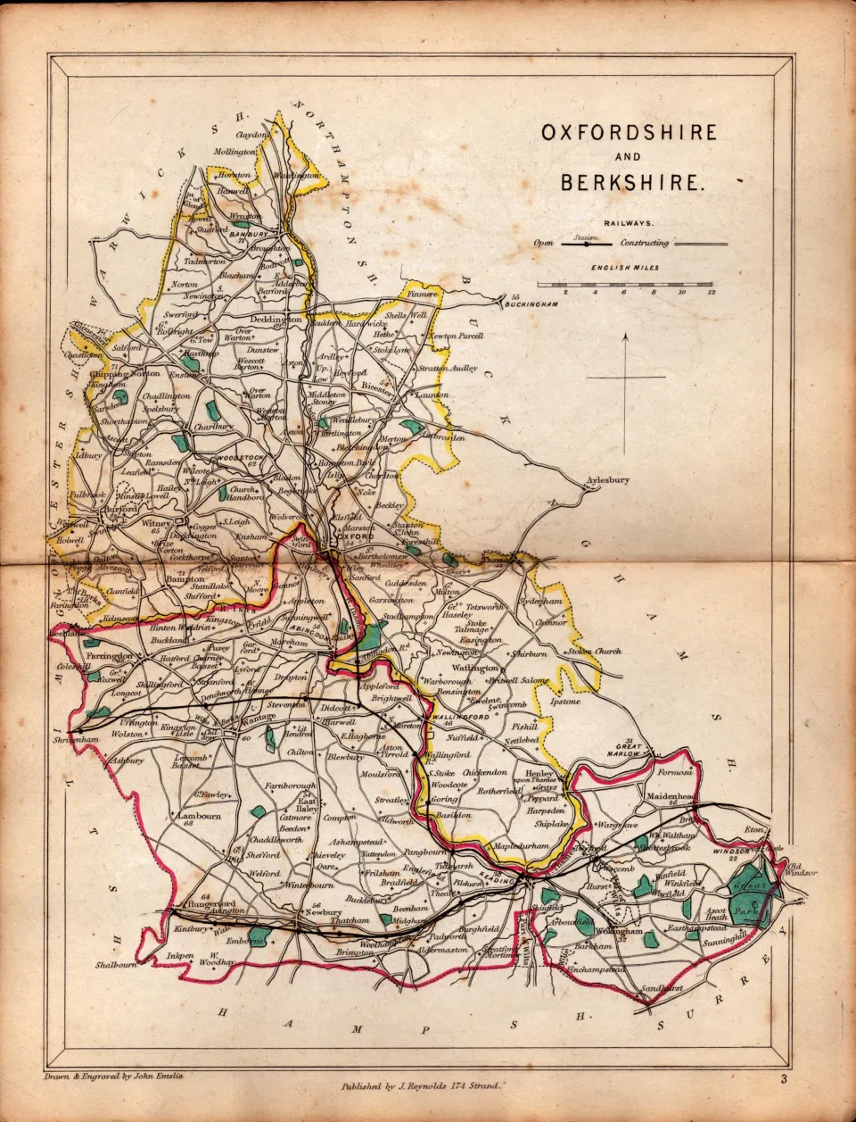 Oxfordshire & Berkshire Antique Railway Map of Drawn & Engraved by John Emslie.