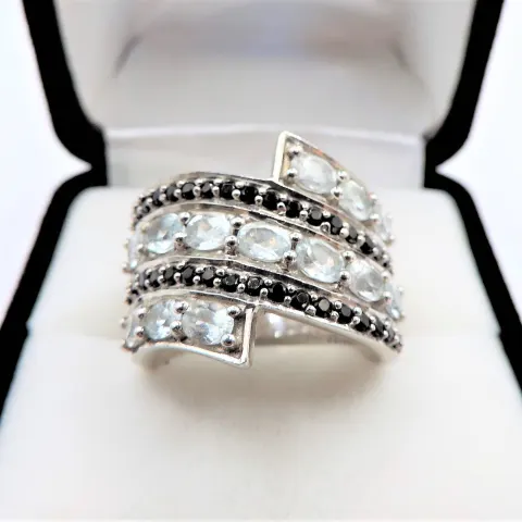 Aquamarine Marine & Black Diamond Ring 2.9 carats Sterling Silver Ne with Gift Pouch
