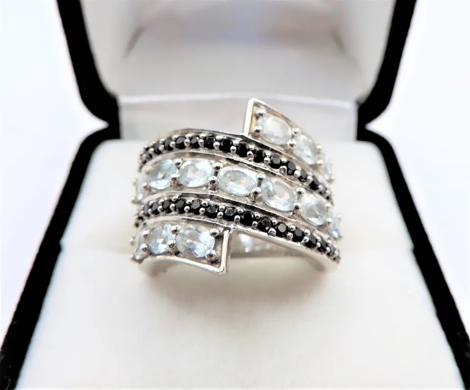 Aquamarine Marine & Black Diamond Ring 2.9 carats Sterling Silver Ne with Gift Pouch