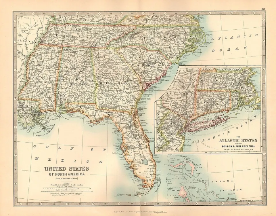 USA Deep South Florida Georgia Alabama  Carolinas Tennessee  Large Antique Map.