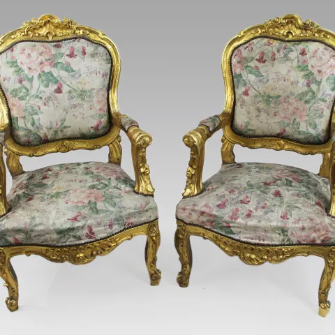 Pair of Louis XV Style Giltwood Armchairs