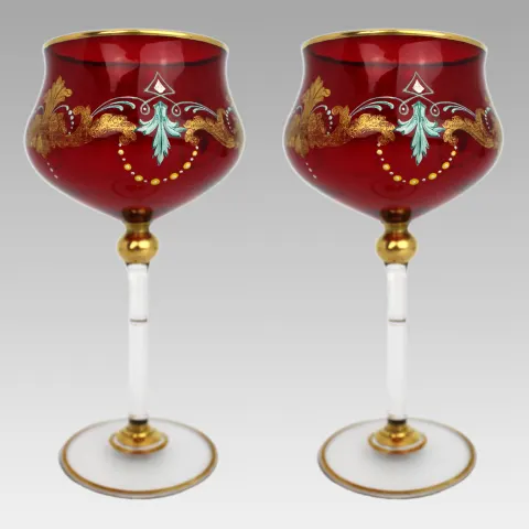 Set of 6 Vintage Italian Enamelled & Gilt Ruby Red Glass Goblets