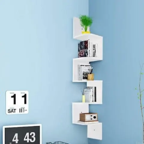 Zig Zag Wall Corner Shelf Unit Wall Mounted Wood Shelving Bookcase Storage Display Organizer