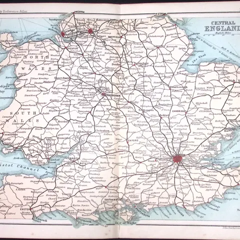Central England Chart Double Sided Victorian Antique 1896 Map.