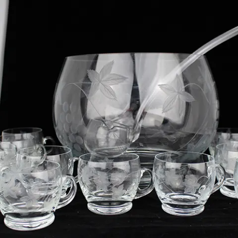 Vintage Punch Bowl, Ladle & 12 Glasses