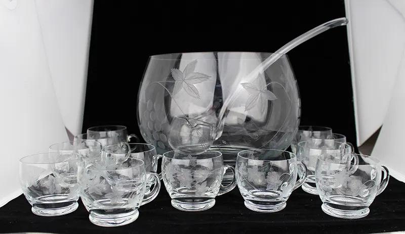 Vintage Punch Bowl, Ladle & 12 Glasses