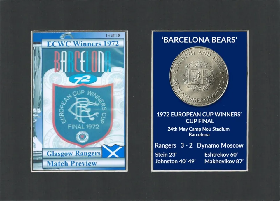 Rangers Barcelona Bears 1972 ECWC Mounted Card & Coin Gift Set.