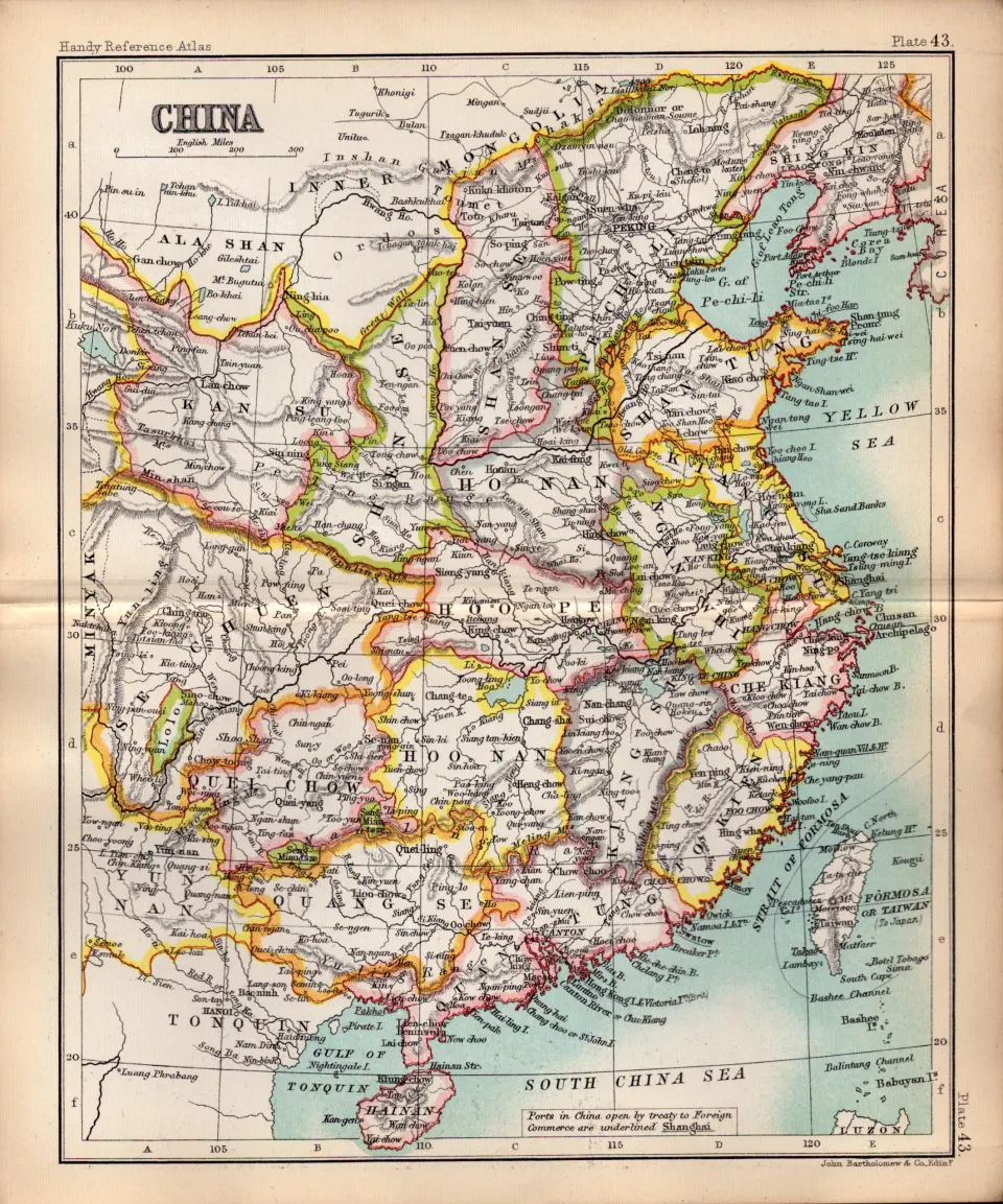 China Area Double Sided Coloured Antique 1896 Map.