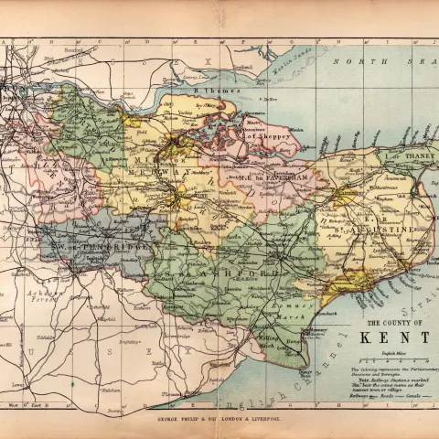 County of Kent 1895 Antique Victorian Coloured Map.