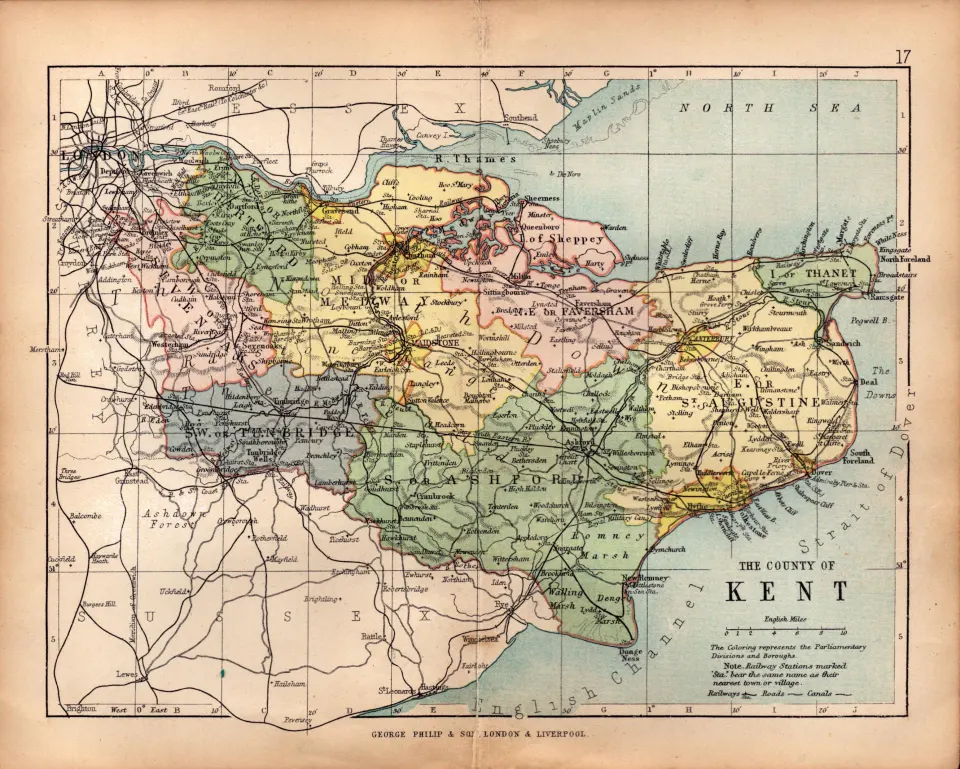 County of Kent 1895 Antique Victorian Coloured Map.