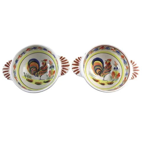 A Pair Vintage Henriot Quimper Faience Pottery Rooster Hand Painted Bowls C.20thC
