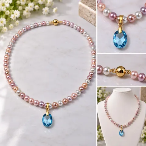 Freshwater Pearl & Blue Topaz Necklace – 6mm Pearls