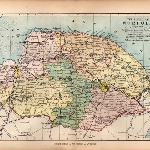 County Norfolk 1895 Antique Victorian Coloured Map.