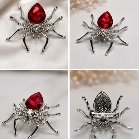 Red Crystal Spider Brooch with Rhinestone Details
