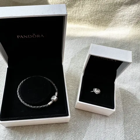 Pandora Silver & Crystal Heart Ring & Leather Bracelet