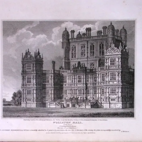 Wollaton Hall Nottingham 190 Years-Old John Britton Antique Steel Engraving-210
