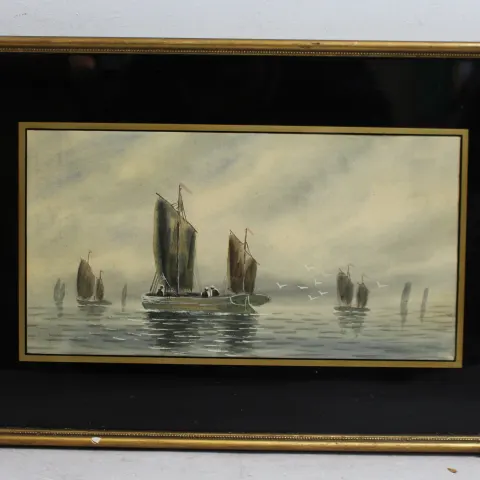 Late Victorian Boats Watercolour with Verre Eglomise Surround
