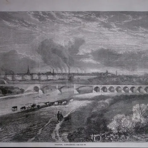 View of Preston Lancashire 164 Years-Old Antique Woodcut Engraving.