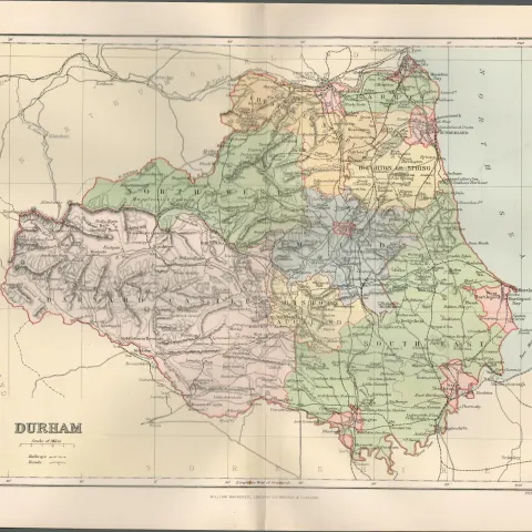 Durham  Detailed Victorian 1894 Coloured Antique Map.