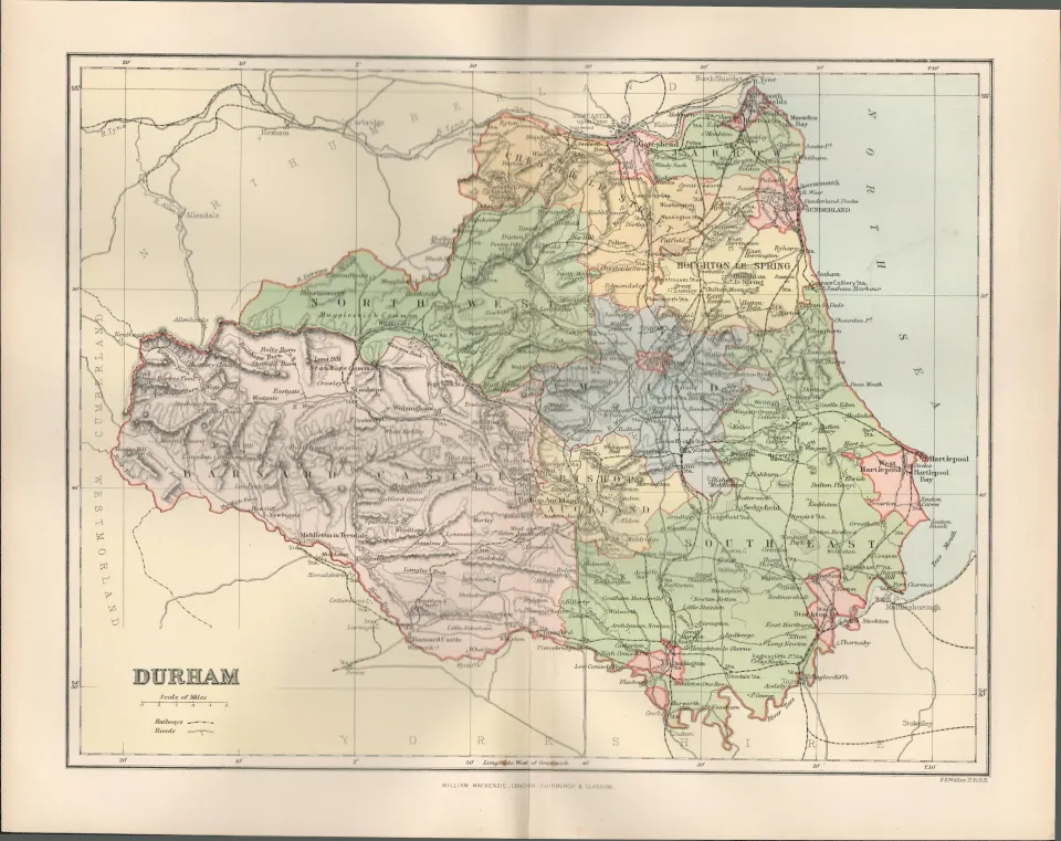 Durham  Detailed Victorian 1894 Coloured Antique Map.