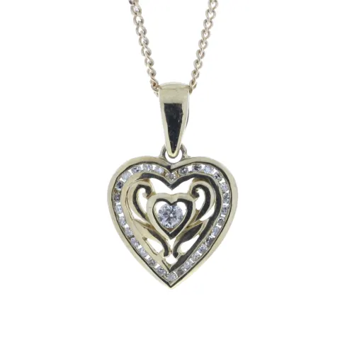 9ct Yellow Gold Heart Pendant Set With Diamonds With Centre Heart and Swirls 0.18 Carats