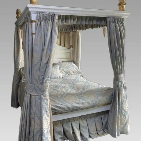 Hand Made White & Gold Painted Carved Wooden Four Poster Bed