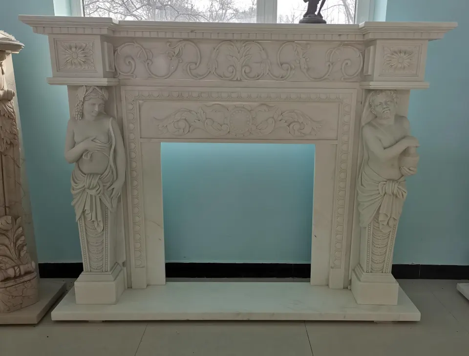 Carved White Marble Fire Surround with Caryatid Figures