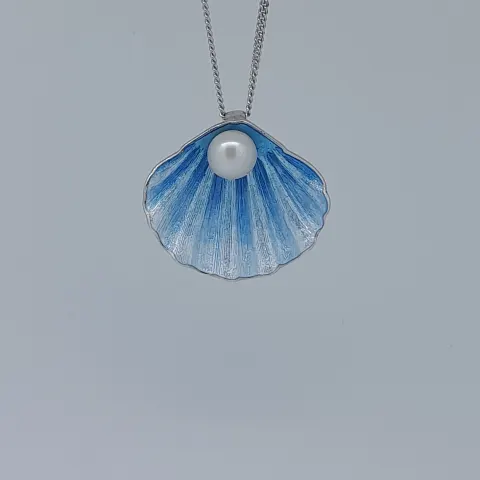 Silver Enamelled Pendant Set With Cultured Pearl and Chain