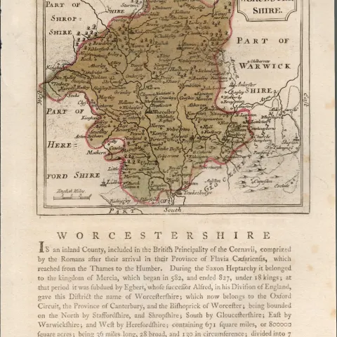 Worcestershire Antique c1783 F Grose Copper Coloured George III Map.