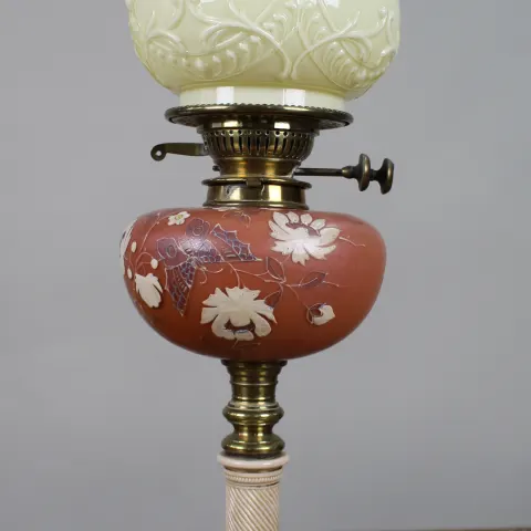 Victorian Oil Lamp with Painted Floral Font and Duplex Burner, c.1890