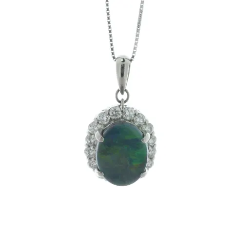 Platinum Oval Cluster Diamond And Opal Pendant (O3.72) 0.95 Carats