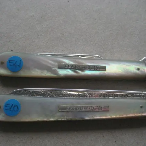 Victorian Mother of Pearl Hafted Matching Silver Bladed Folding Fruit Knife and Folding Fork