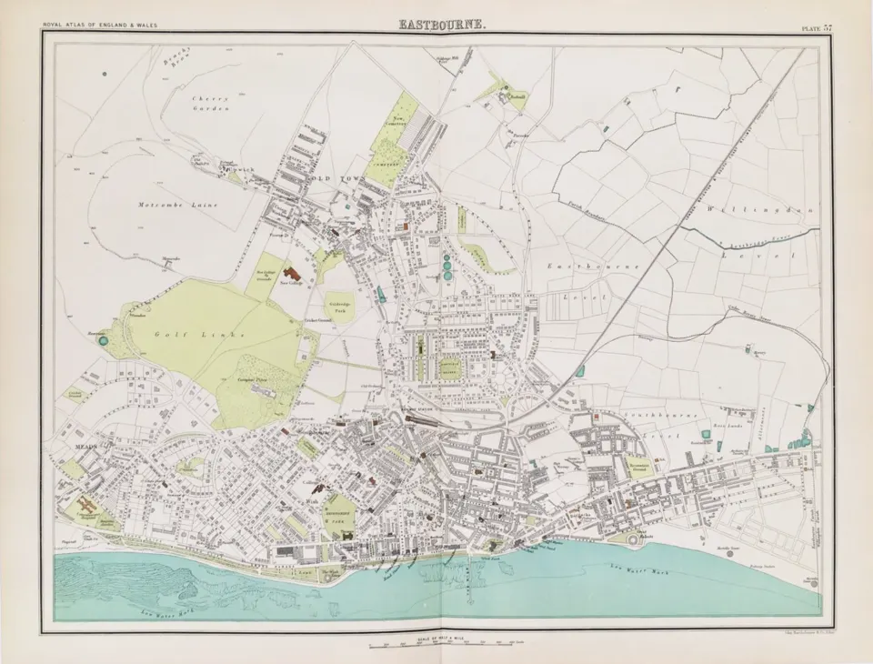 Victorian Antique 1897  Large  Detailed  Street Map Eastbourne Sussex.