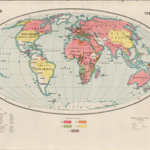 WW1 The World At War 1914-1918 Coloured Antique Map 1922.