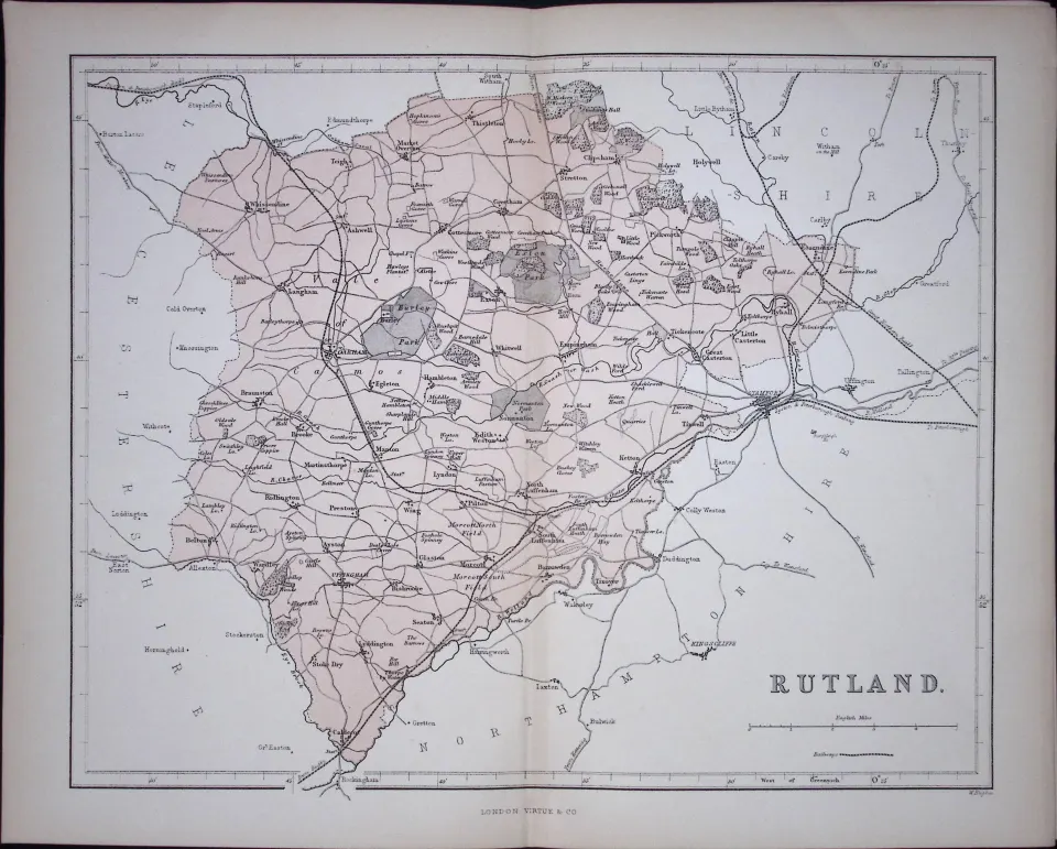 Rutlandshire 150 Years-Old 1875 Coloured Detailed Antique 1875 Map-54