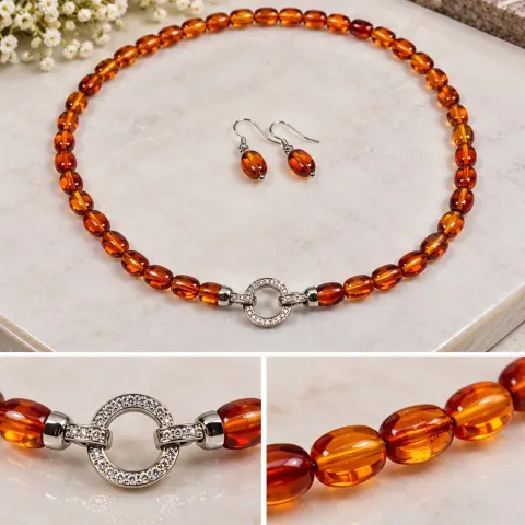 Amber-Tone Beaded Necklace & Matching Earrings Set