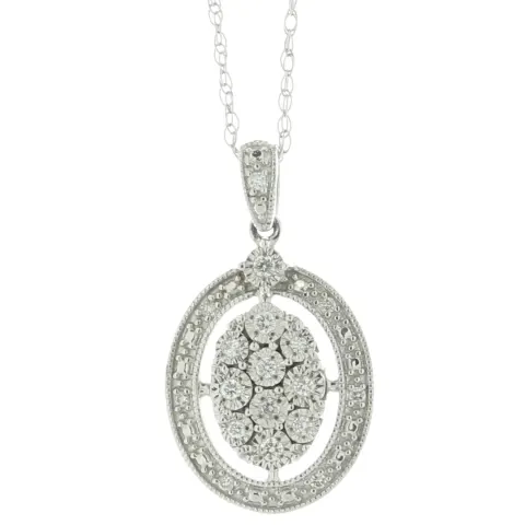 9ct White Gold Oval Cluster Halo Diamond Pendant And chain 0.10 Carats