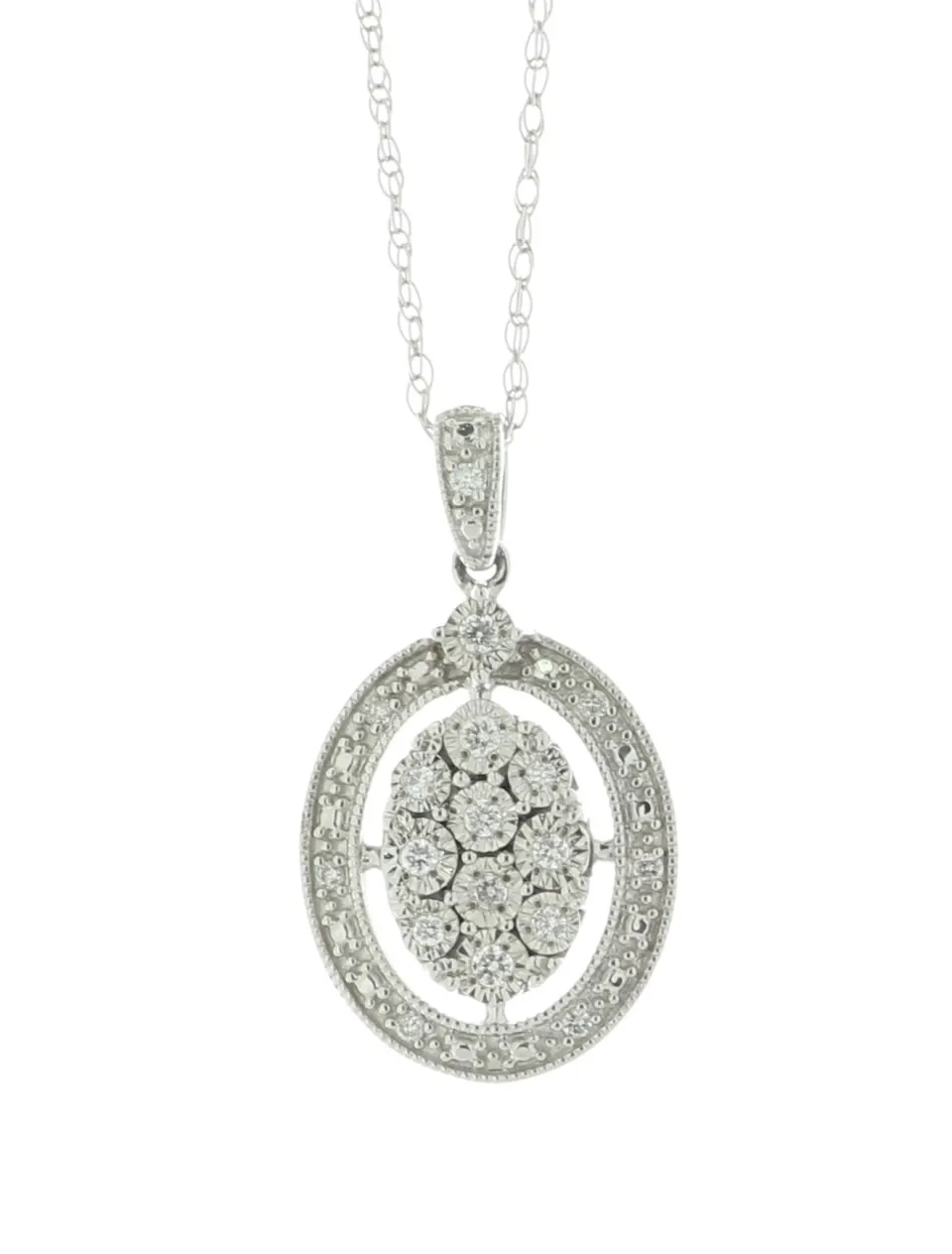 9ct White Gold Oval Cluster Halo Diamond Pendant And chain 0.10 Carats